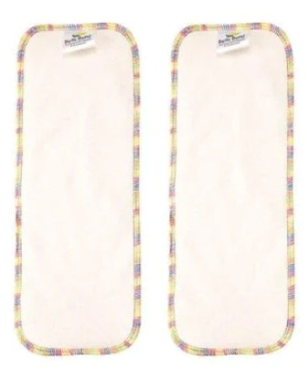 Two reusable cloth nappy inserts shown side by side with a rainbow edging.