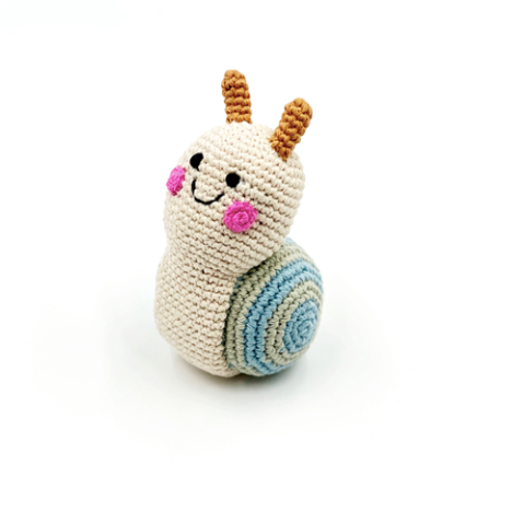 Image of a hand crocheted snail rattle.