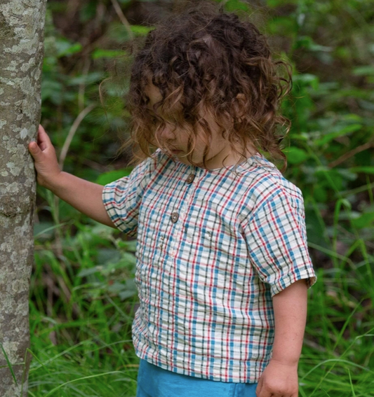 Checked Seersucker Short Sleeve Henley Top