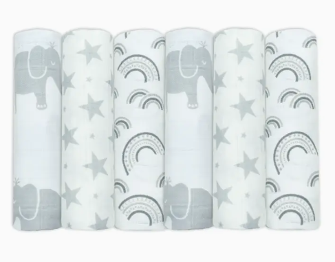 100% Cotton Muslin Squares - Grey Elephants