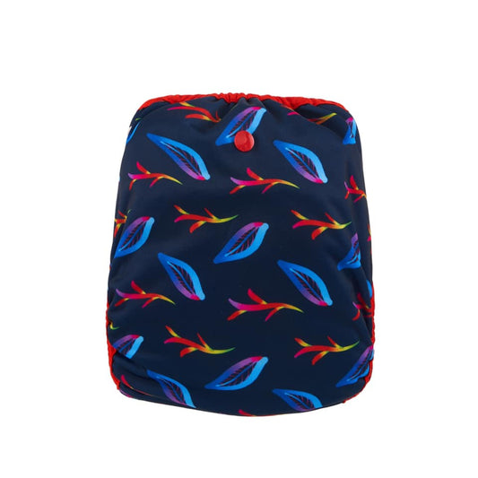 Reusable cloth nappy wrap showing the back with a rainbow leaf print.