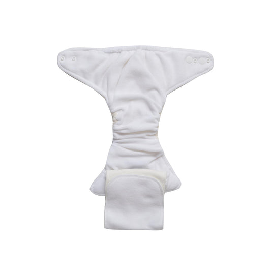 Image of the size 1 fitted nappy opened with the tongue folded down