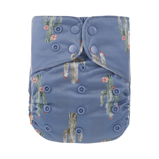 Blue reusable cloth nappy with a cactus print.
