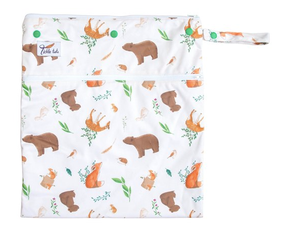 Wet bag with double zip and handle featuring a woodland animal pattern.