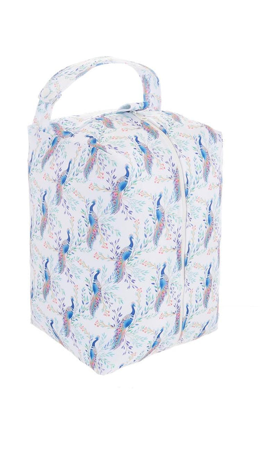 Reusable cloth nappy pod with peacock print.