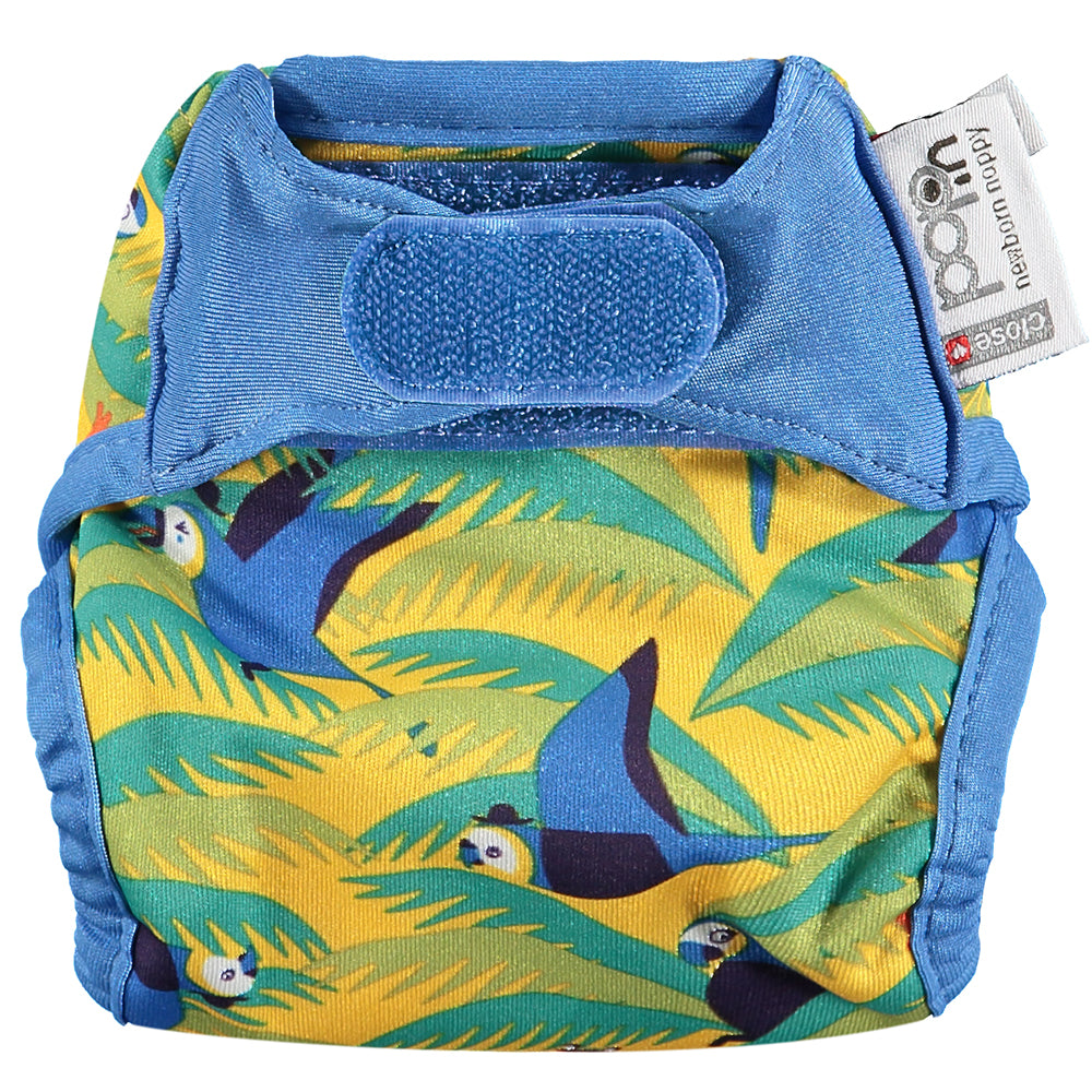 Newborn Reusable cloth nappy with velcro fastening and a parrot pattern