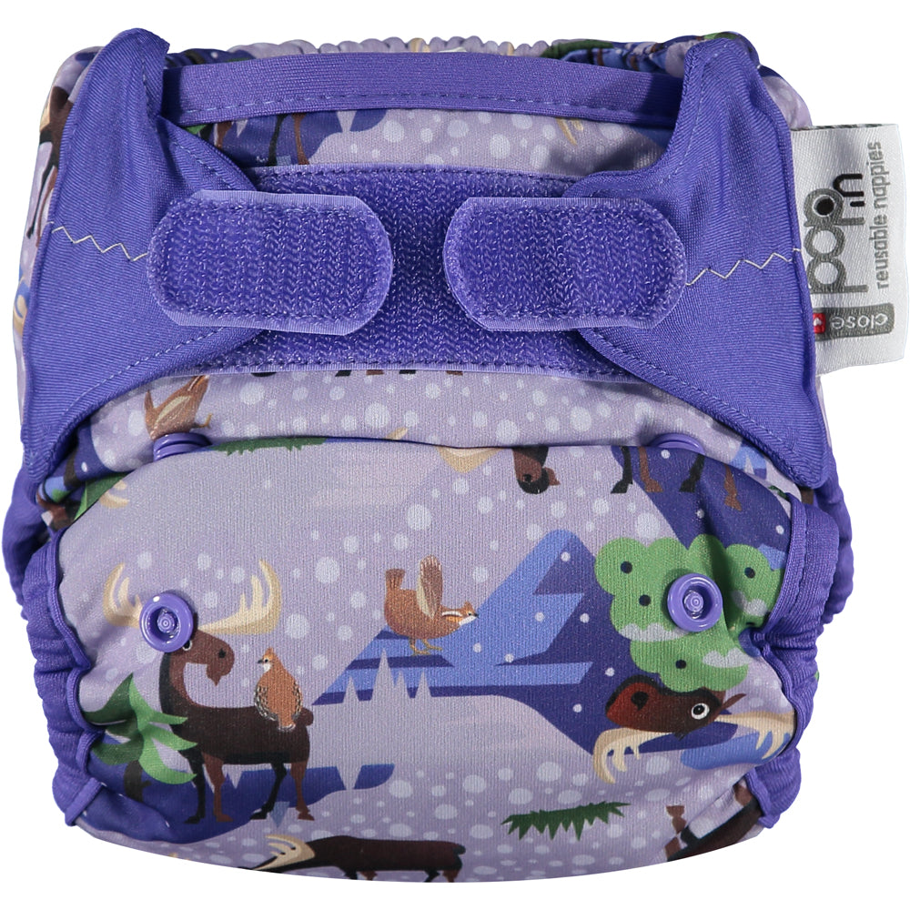 Reusable cloth nappy with velcro fastening and moose and mountain print.