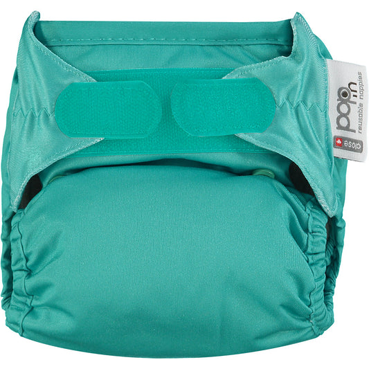 Image showing a reusable cloth nappy in a green colour with velcro fastening.