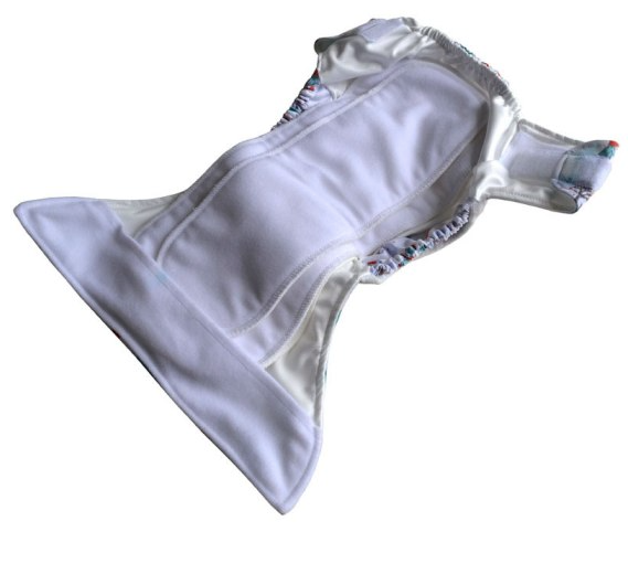 Inside of an all in two reusable cloth nappy with both inserts attached.