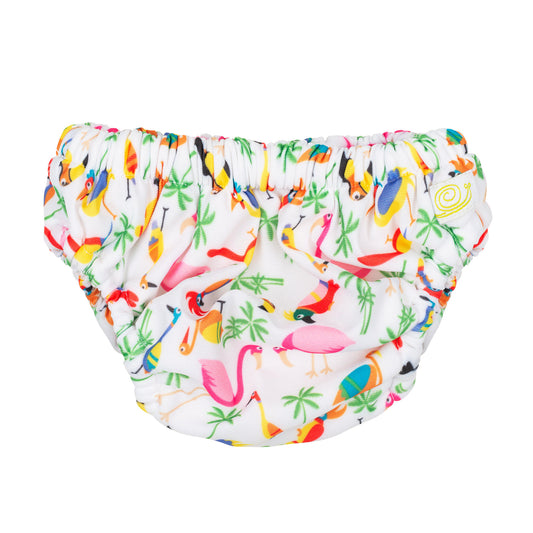 Reusable swim nappy with a brightly coloured bird print - tropical rio themed. 