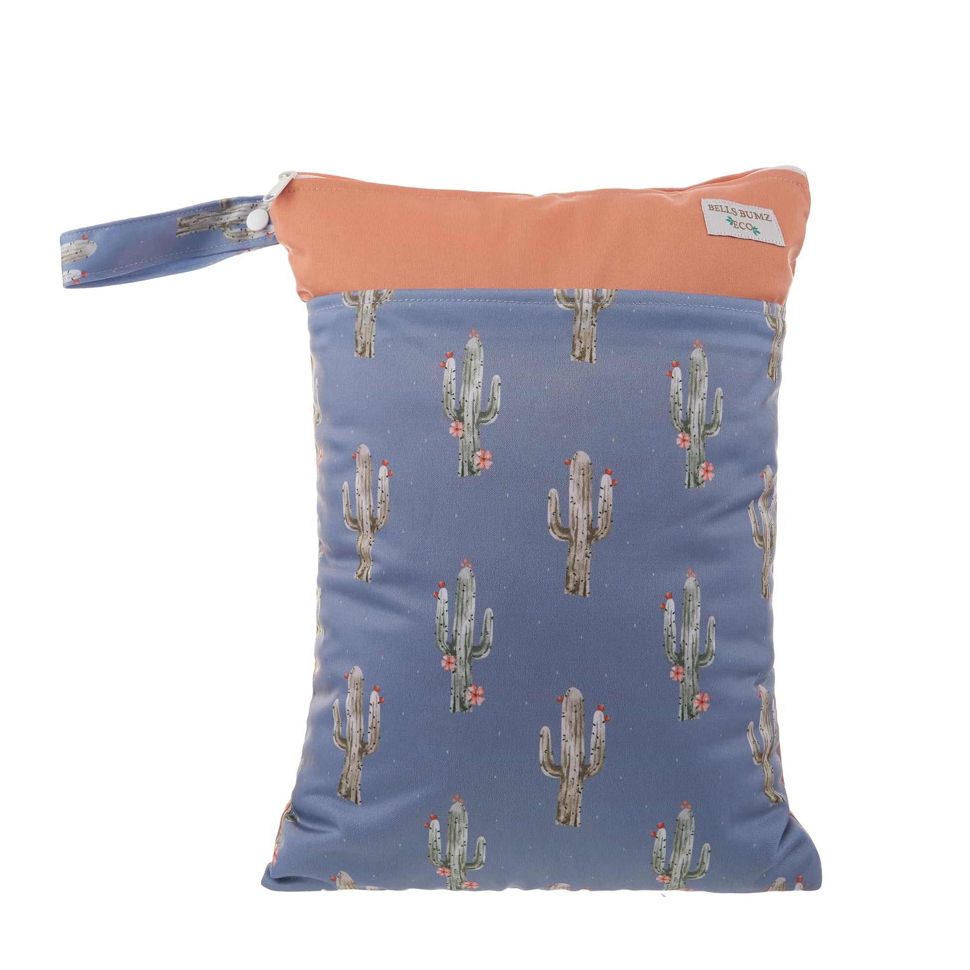 Double zip wet bag with a handle and a blue cactus print.