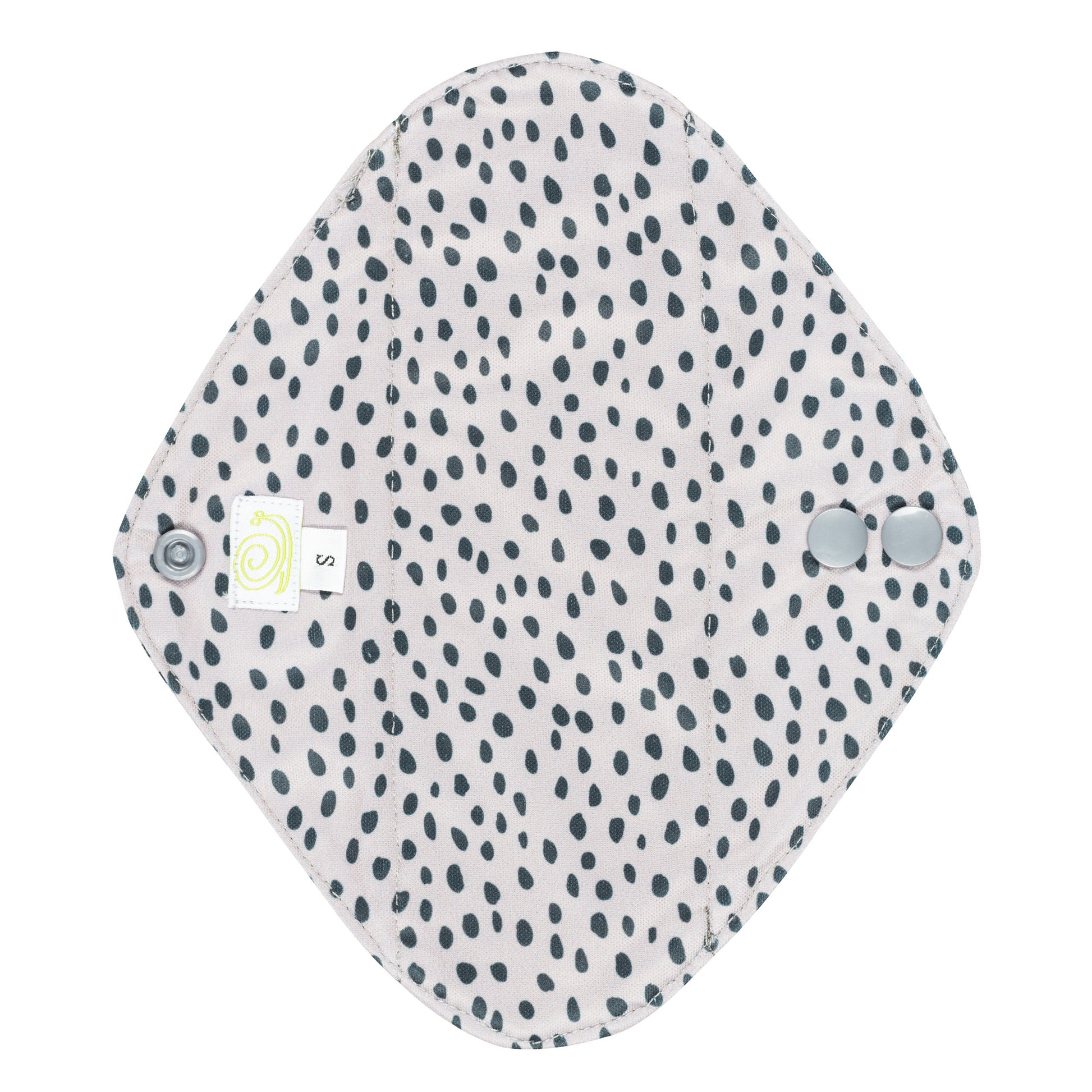 Reusable Sanitary Pad with a white background and a black spotty design on it.