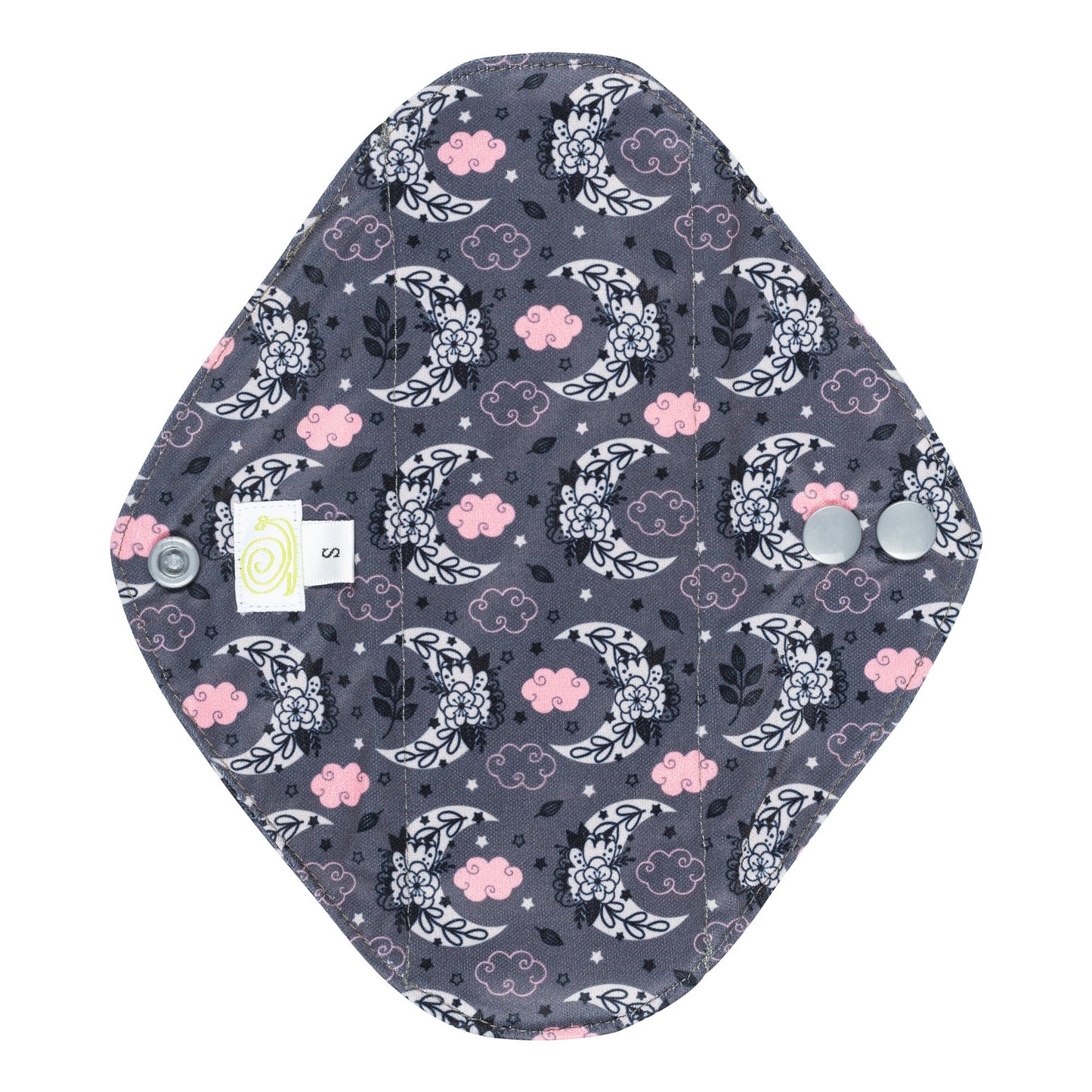 Reusable Sanitary Pad with a black background and a white and pink moon and cloud design on it.