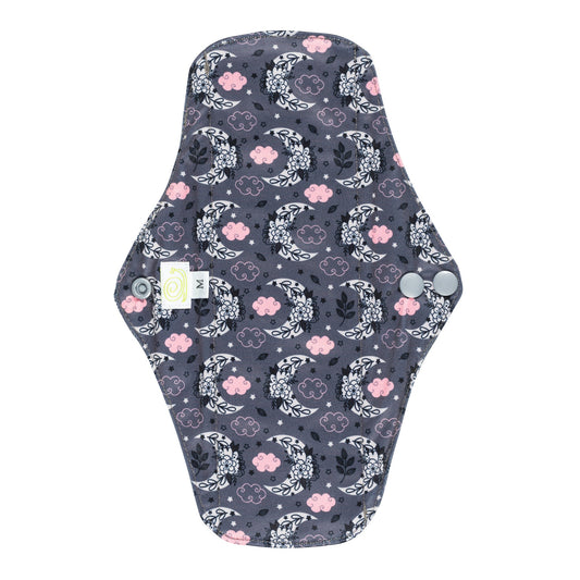 Reusable Sanitary Pad with a black background and a white and pink moon and cloud design on it.