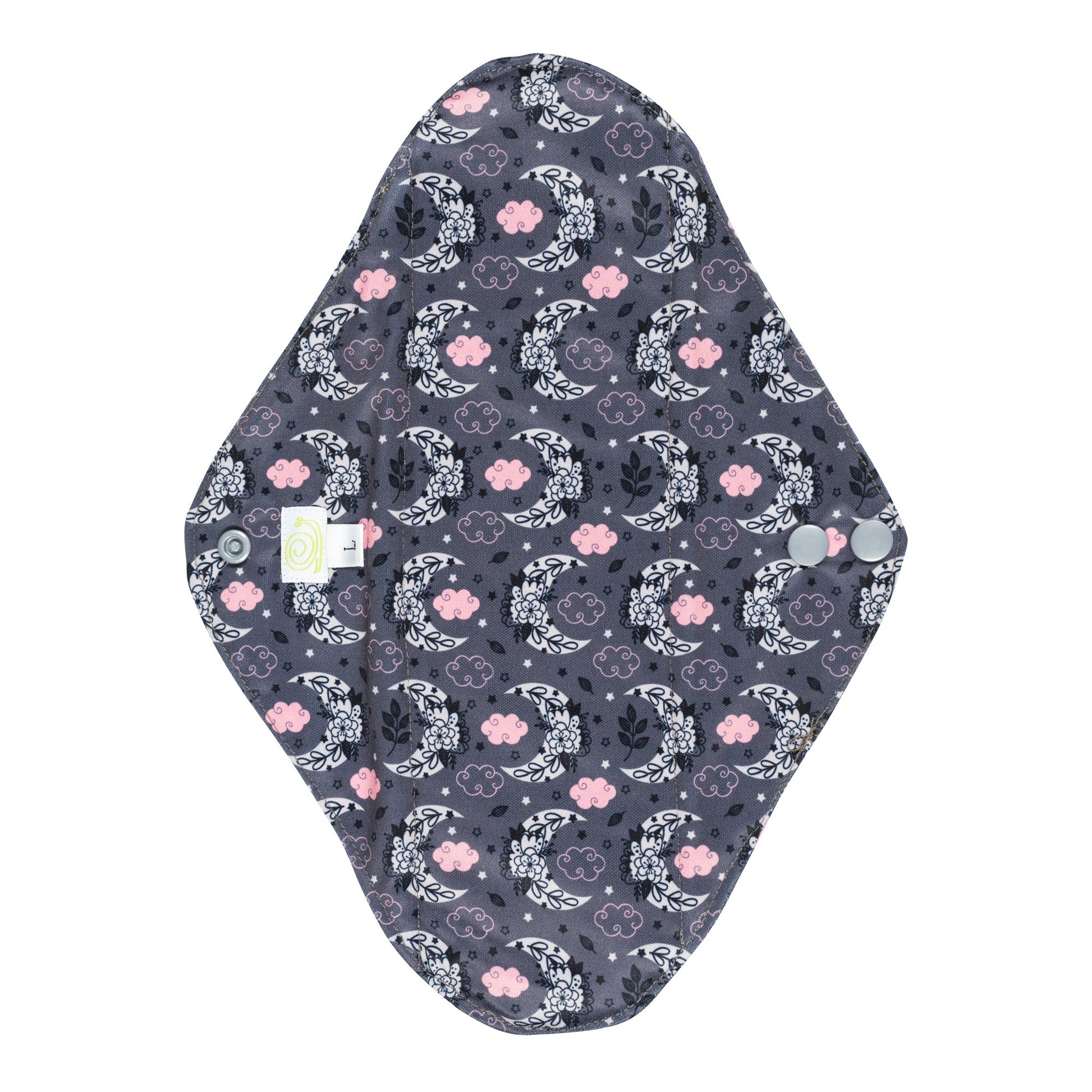 Reusable Sanitary Pad with a black background and a white and pink moon and cloud design on it. 