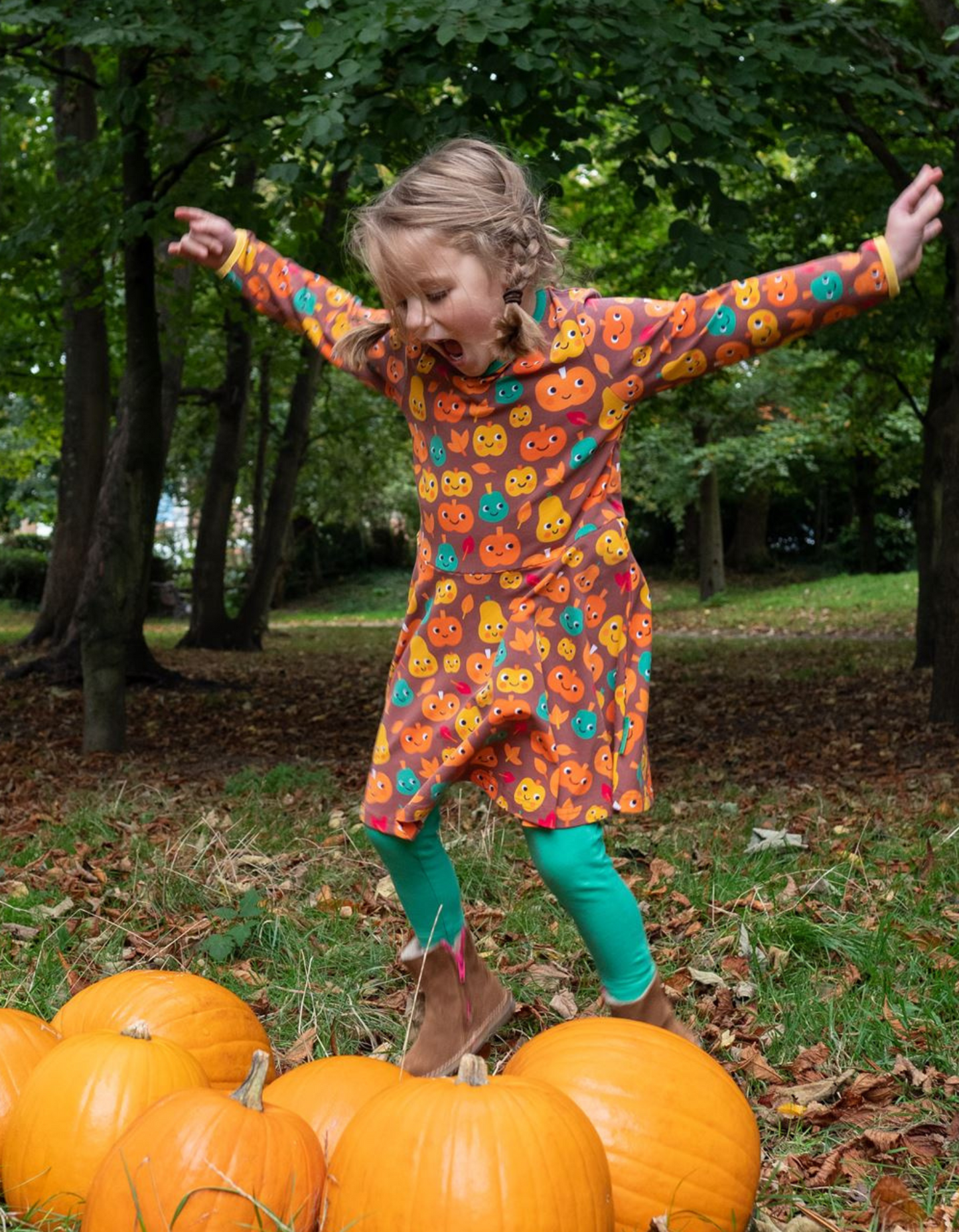 Pumpkin Print Long Sleeved Skater Dress