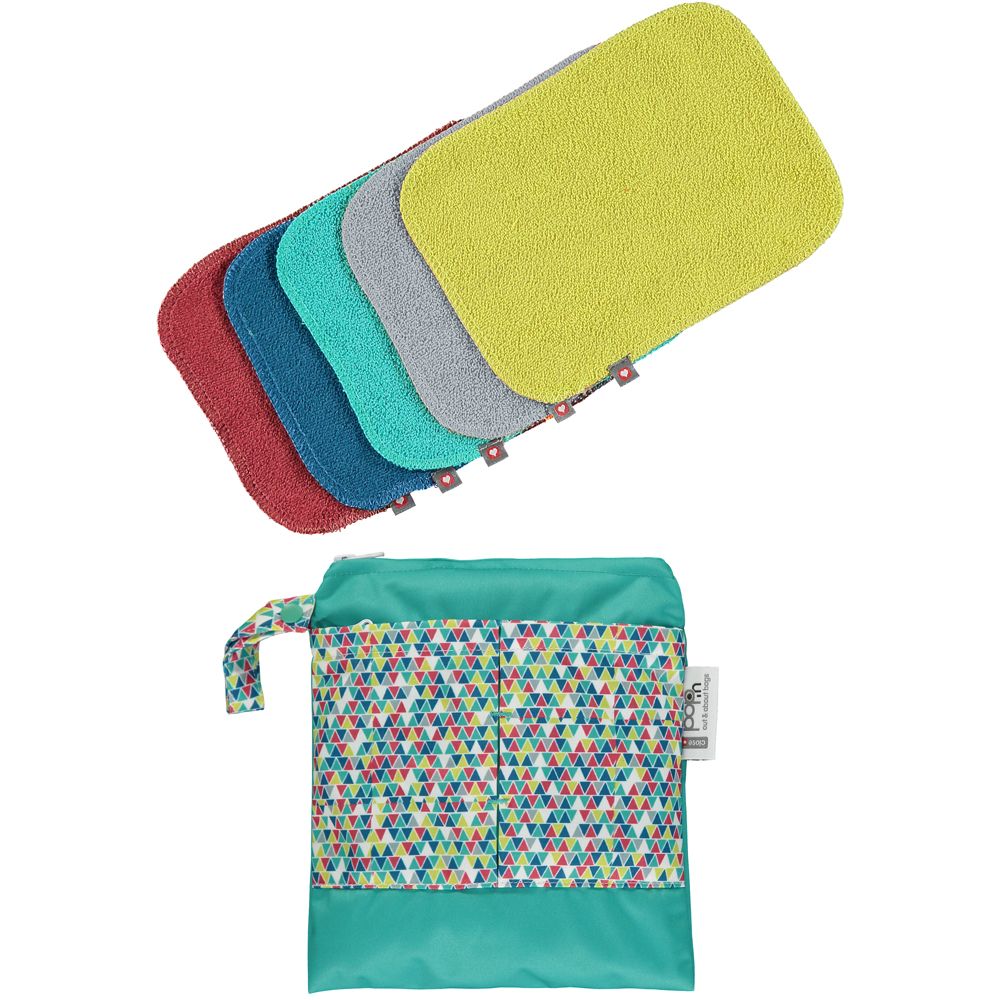 Image showing the reusable cloth wipes in the brights set with the matching pouch.