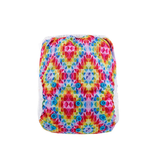 Image showing the front of a Reusabelles BreeZe wrap which goes over the top of the fitted nappy. It has a rainbow, kaleidoscope pattern.