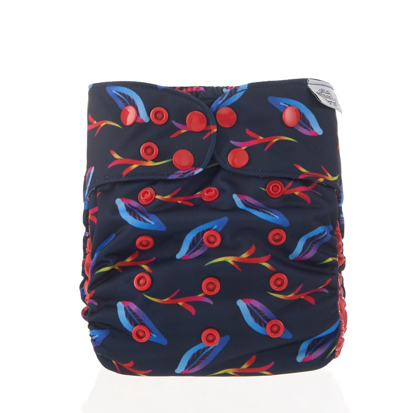 Reusable cloth nappy with a rainbow leaf pattern.
