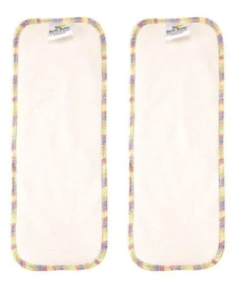Two reusable cloth nappy inserts shown side by side with a rainbow edging. 