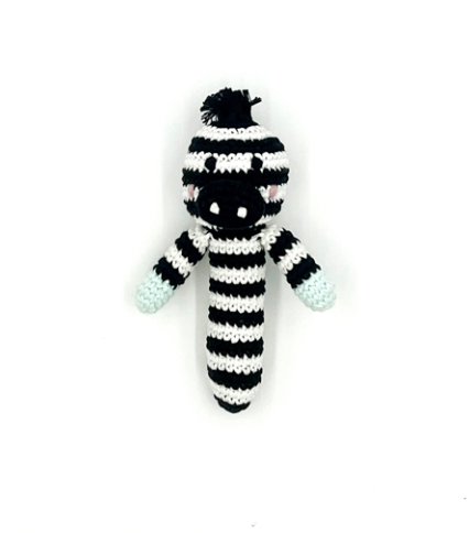 Image of a hand crocheted zebra stick rattle.