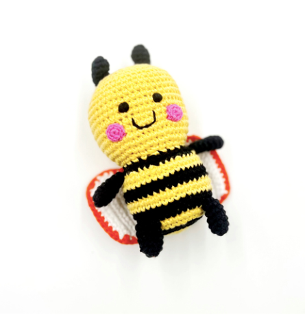 Image of a hand crocheted bumblebee toy. 