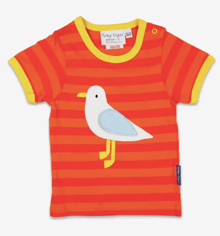 Striped Seagull Print Applique T-Shirt