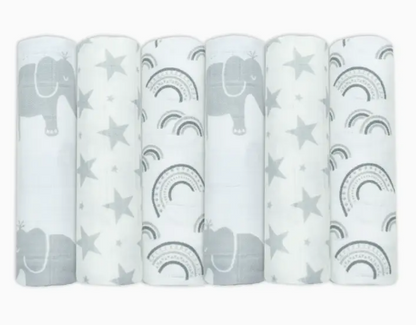 100% Cotton Muslin Squares - Grey Elephants
