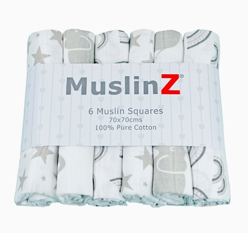 100% Cotton Muslin Squares - Grey Elephants