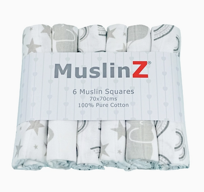100% Cotton Muslin Squares - Grey Elephants