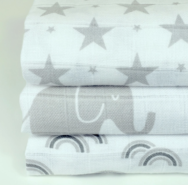 100% Cotton Muslin Squares - Grey Elephants