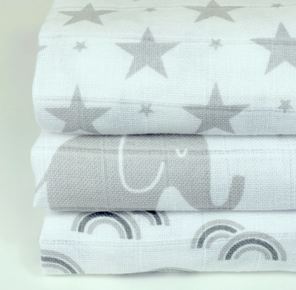 100% Cotton Muslin Squares - Grey Elephants