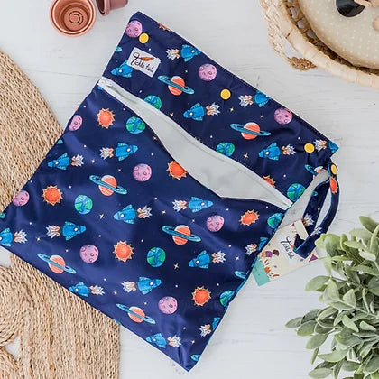 Wet bag with double zip, handle and a space pattern.