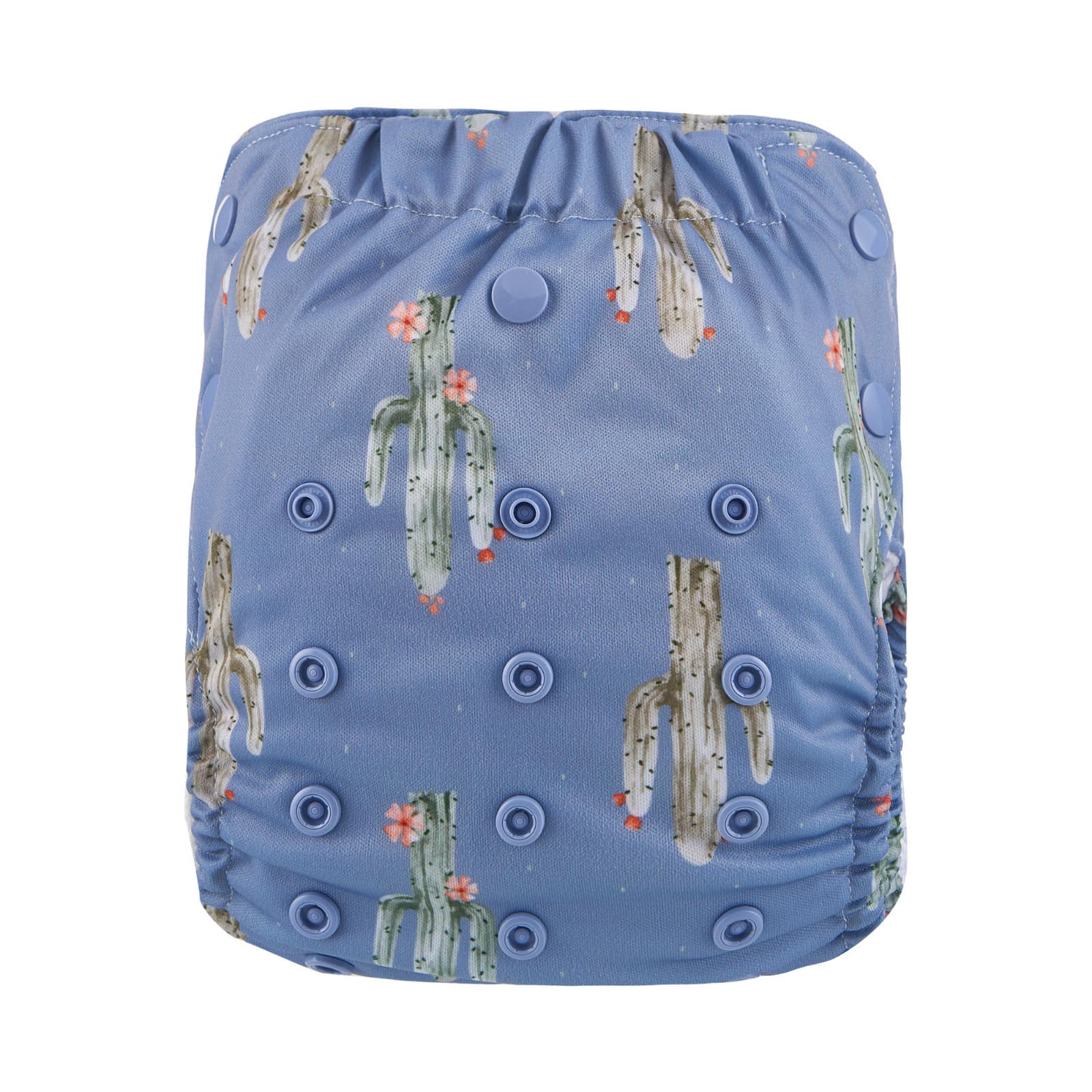 Reusable cloth nappy pull up with a blue cactus print.