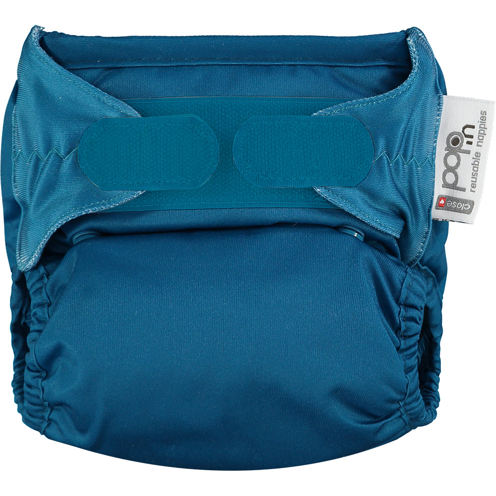 Image shows a dark blue reusable cloth nappy with velcro fastening.