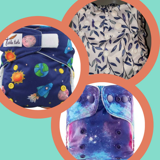 Image showing 3 random reusable cloth nappies. The current designs show a space theme, a blue leaf theme and a galaxy theme. These prints are just for illustration purposes. 