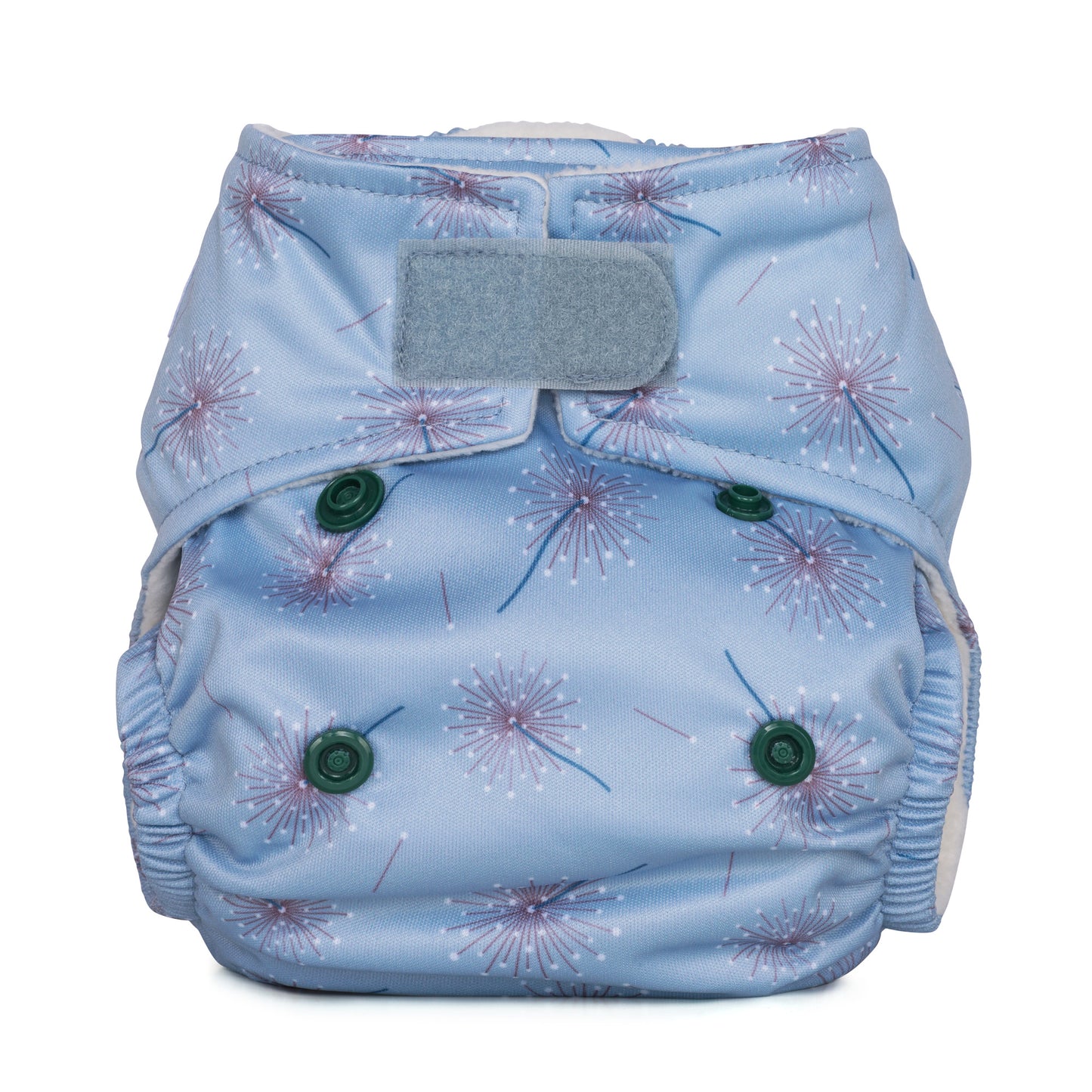 A pale blue newborn nappy with a dandelion pattern and velcro fastening. 