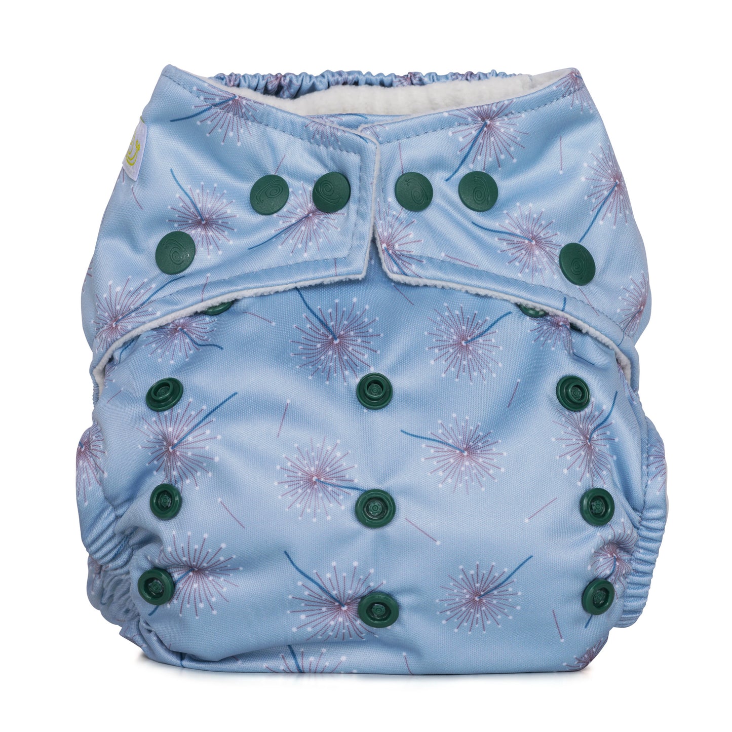 Pale blue reusable cloth nappy with dandelion print and poppers around the waist and rise snaps across the front.