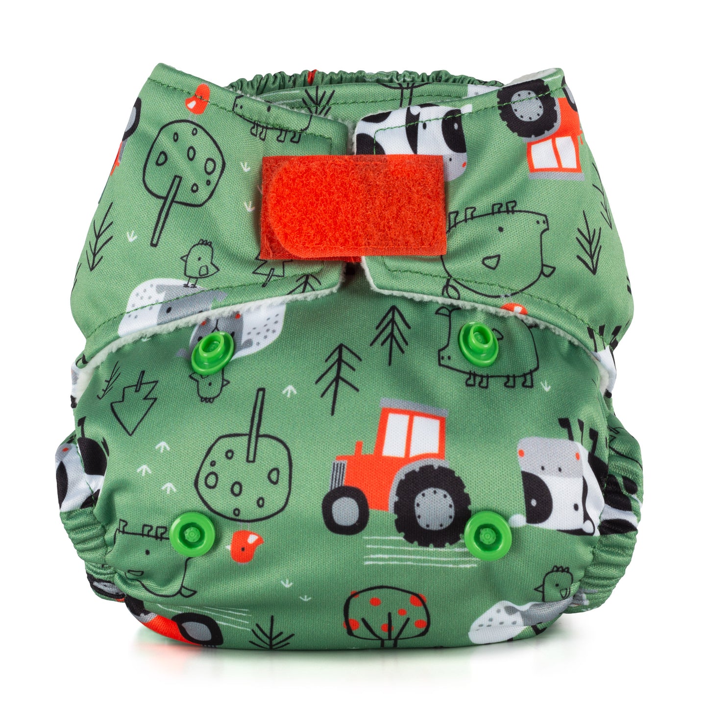 A newborn reusable cloth nappy with a green background and a farmyard print. It features a red velcro fastening. 
