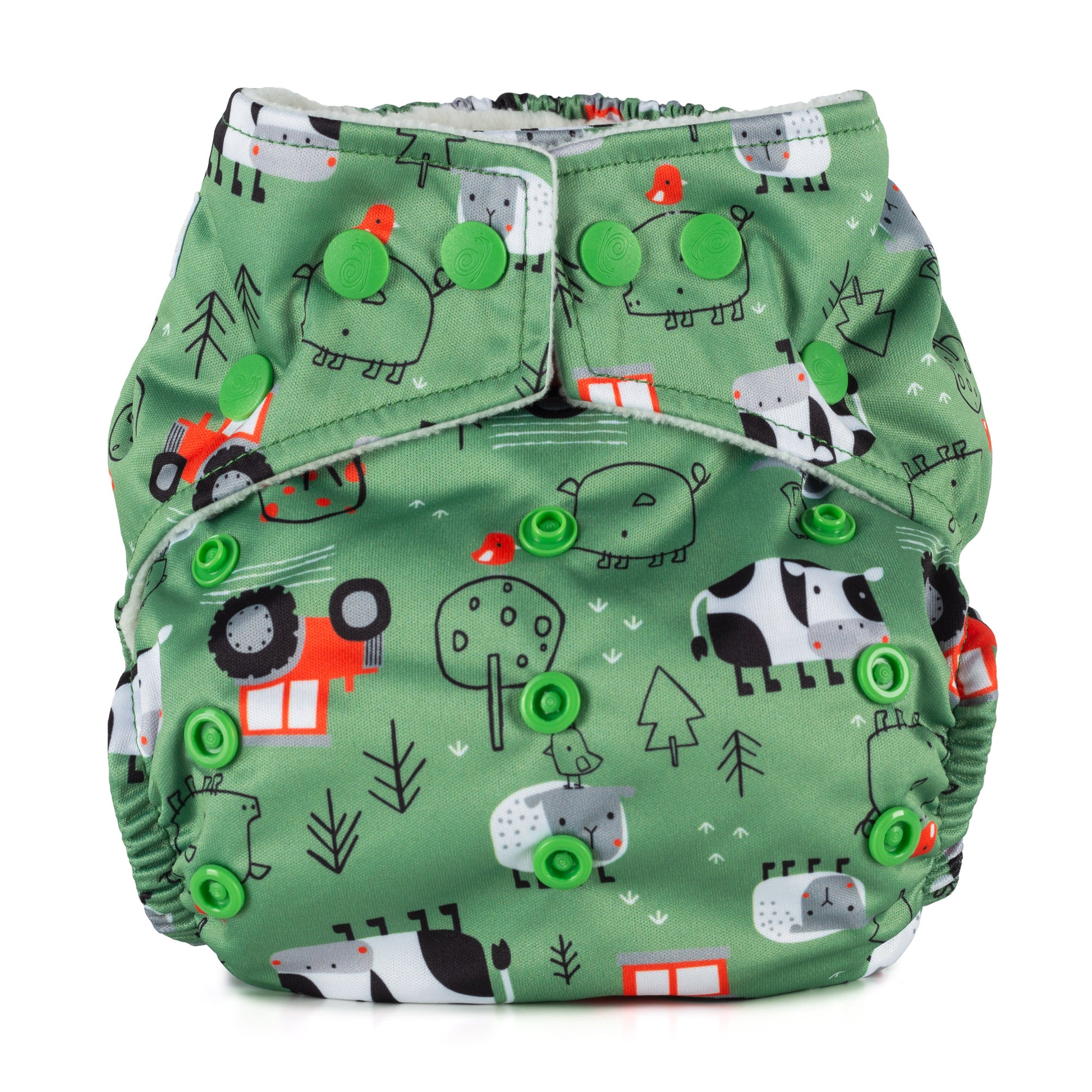 Green reusable cloth nappy with farmyard print, including tractor, cow, pig, sheep and poppers around the waist and rise snaps across the front.