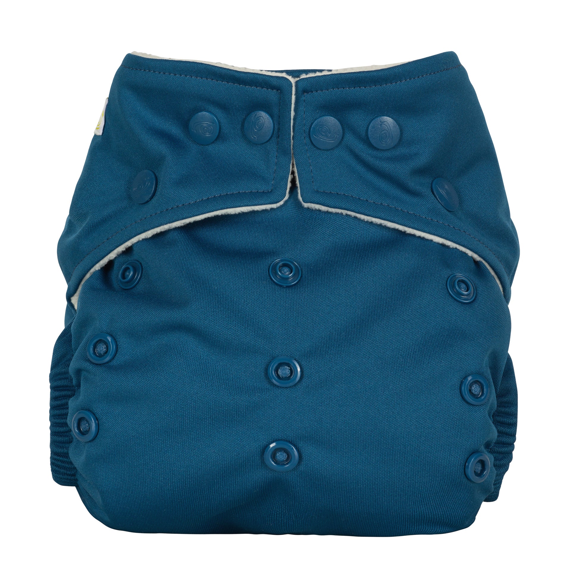 Dark blue reusable cloth nappy with poppers around the waist and rise snaps across the front.