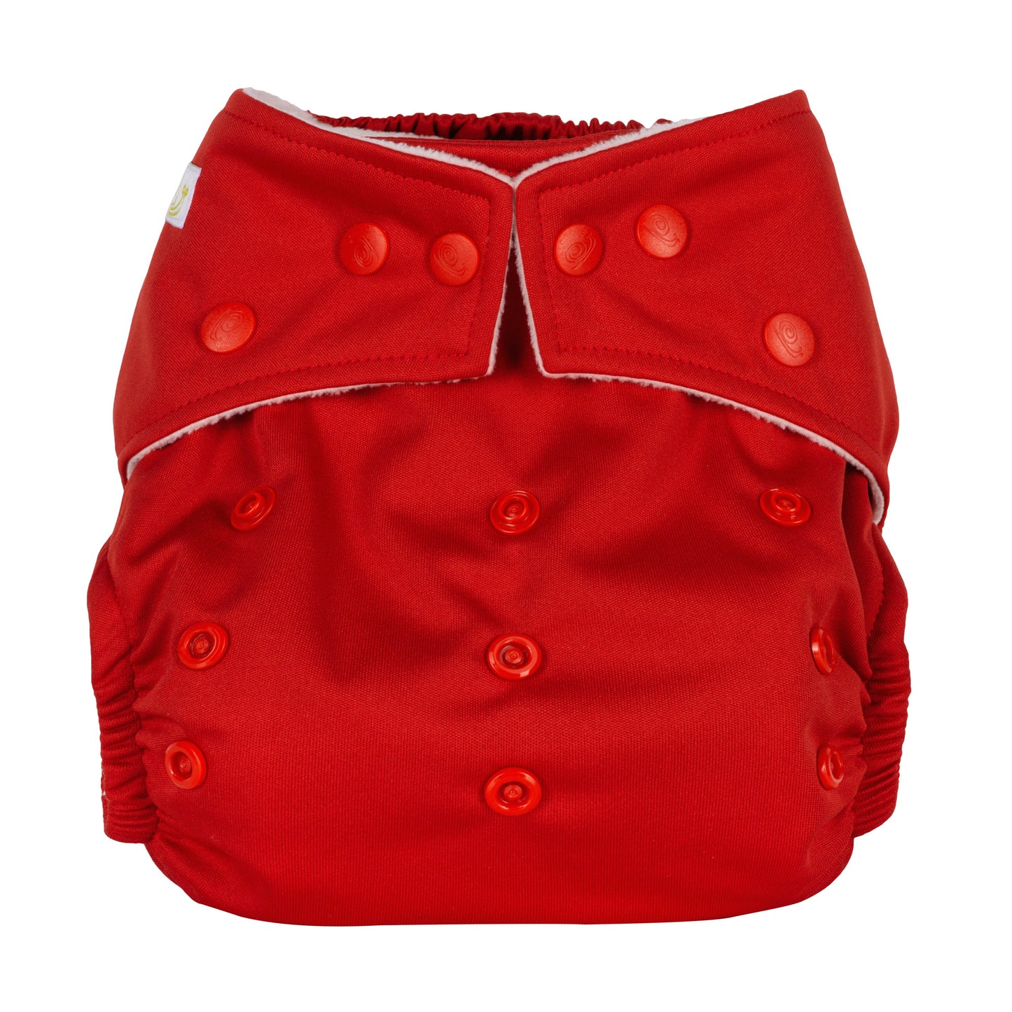 Red reusable cloth nappy with poppers around the waist and rise snaps across the front. 