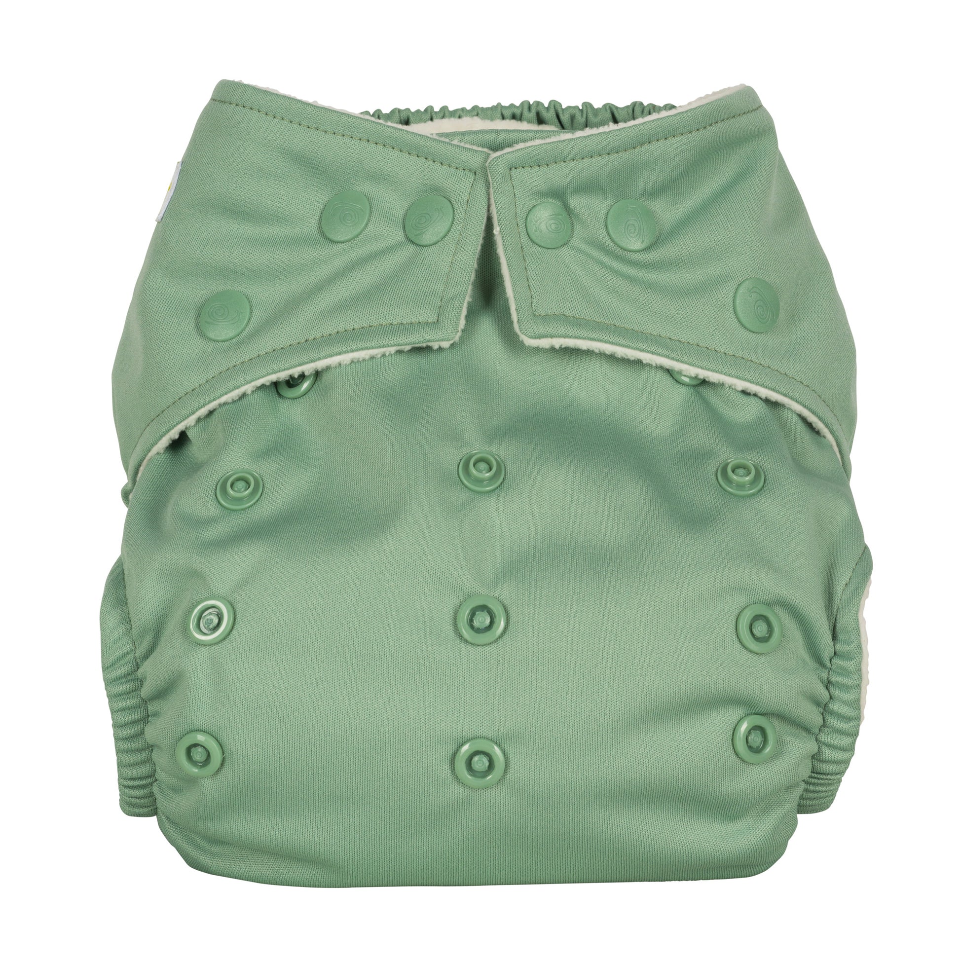 Sage reusable cloth nappy with poppers around the waist and rise snaps across the front.