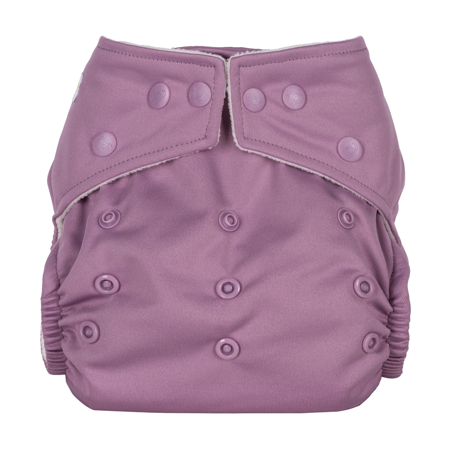 Wisteria reusable cloth nappy with poppers around the waist and rise snaps across the front.
