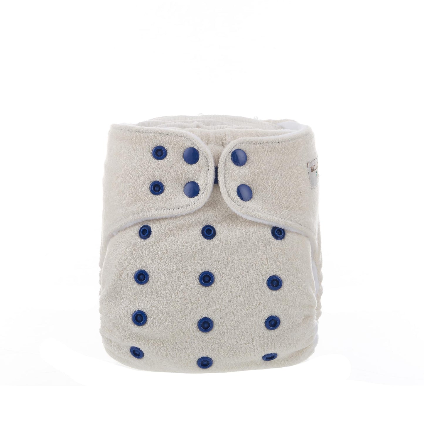 An image of a hemp fitted nappy with dark blue poppers.