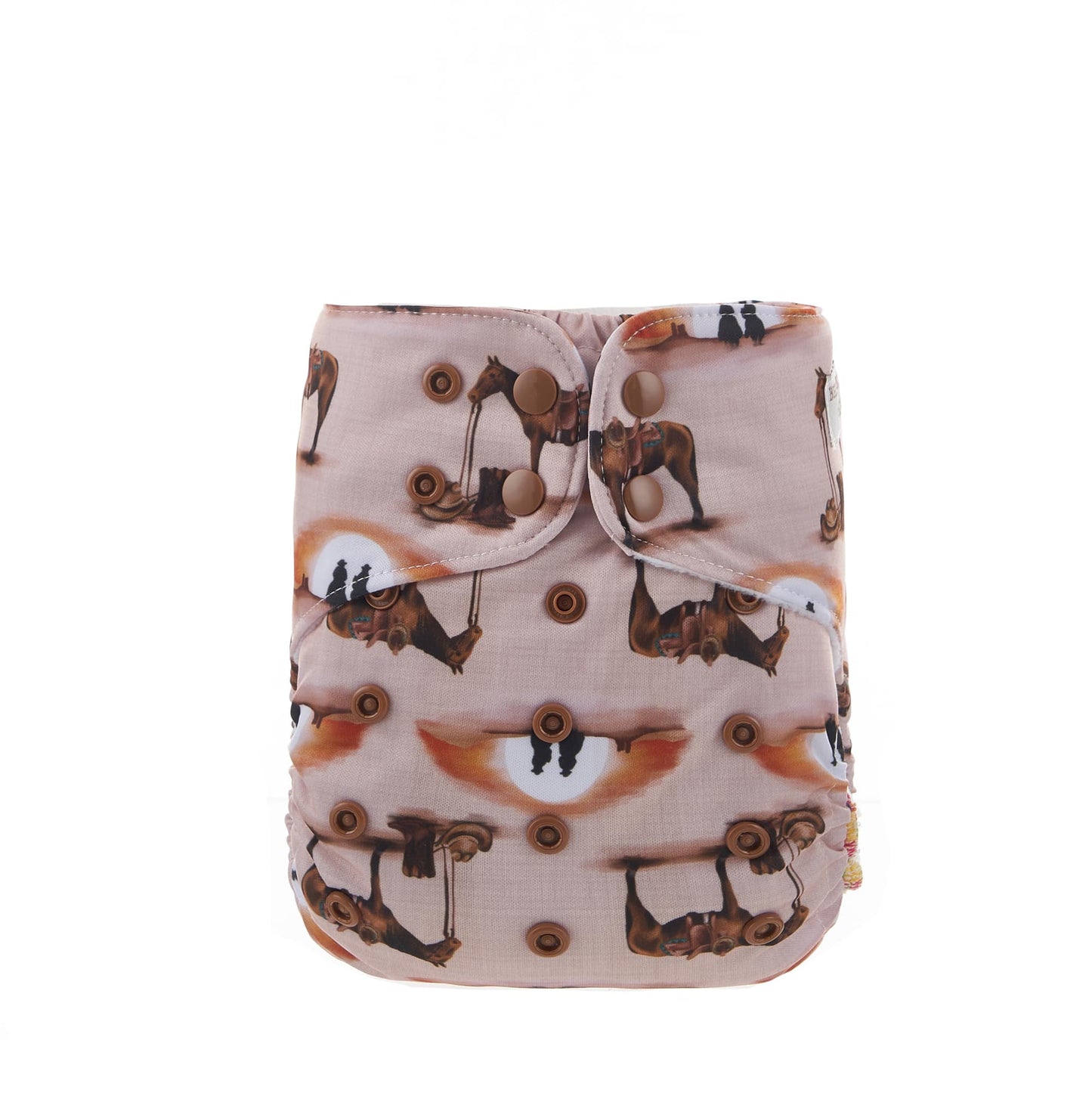 Reusable cloth nappy with a horse and cowboy print.