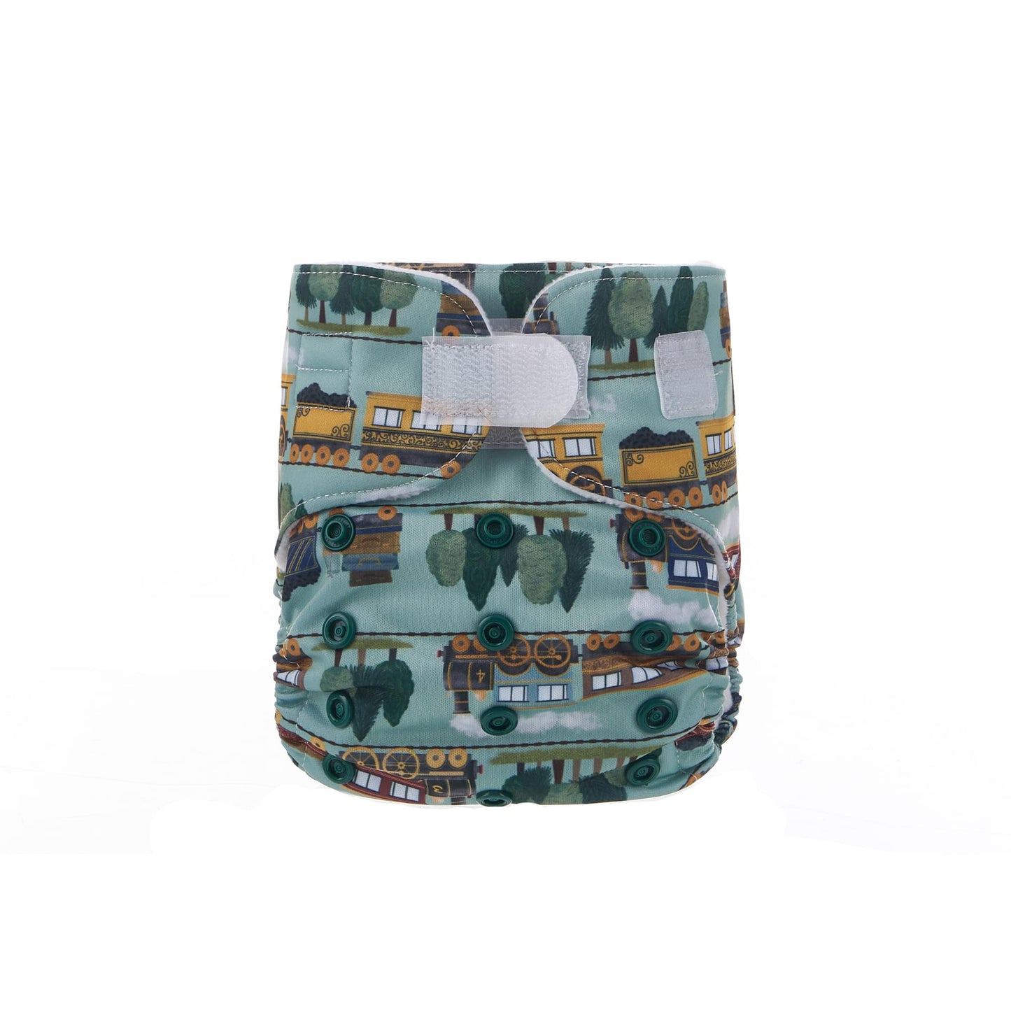 Newborn nappy with velcro fastening and a train pattern.