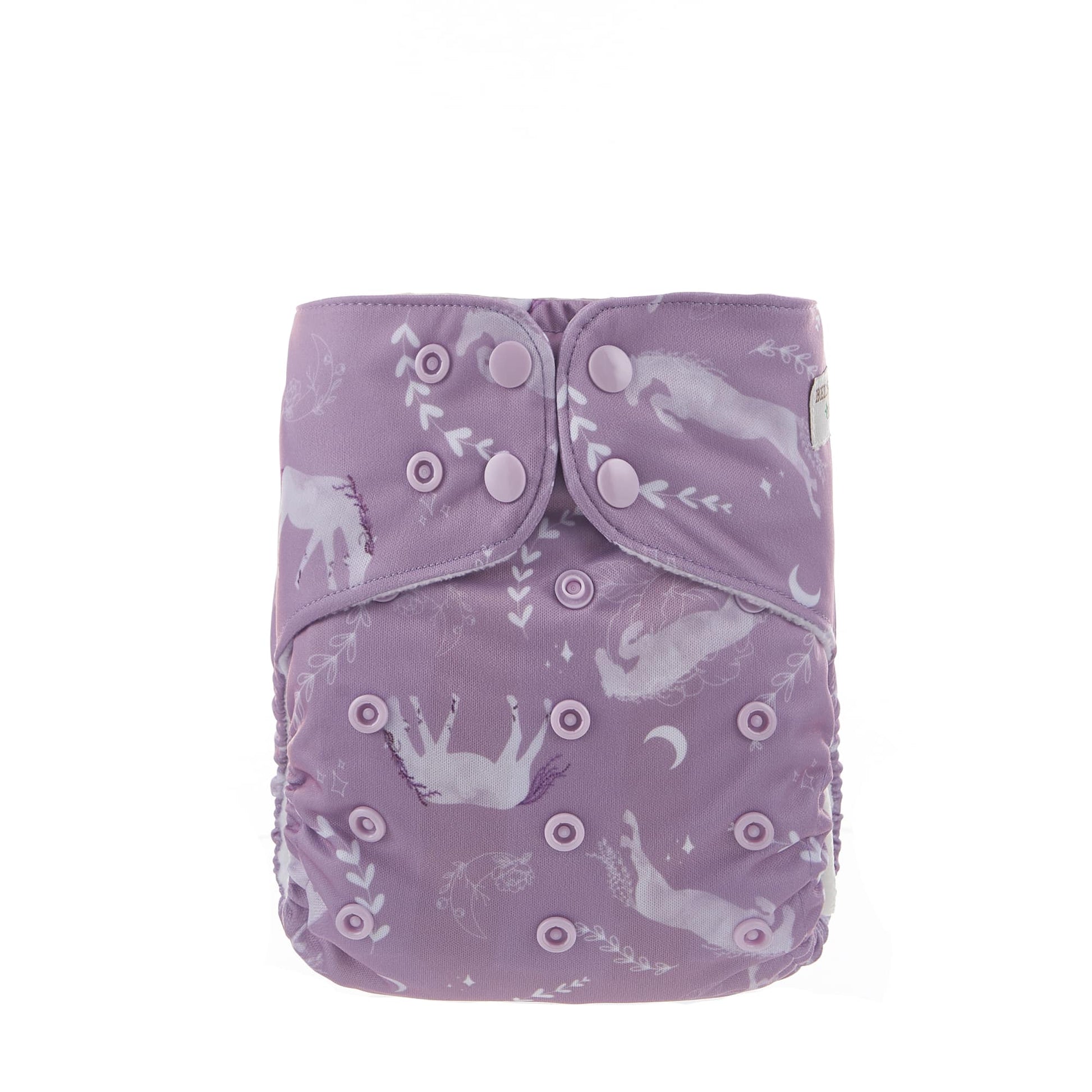 Reusable cloth nappy with a pink horse print.