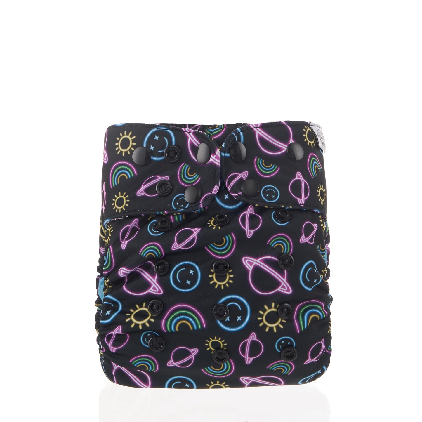 Reusable cloth nappy with a neon space print.