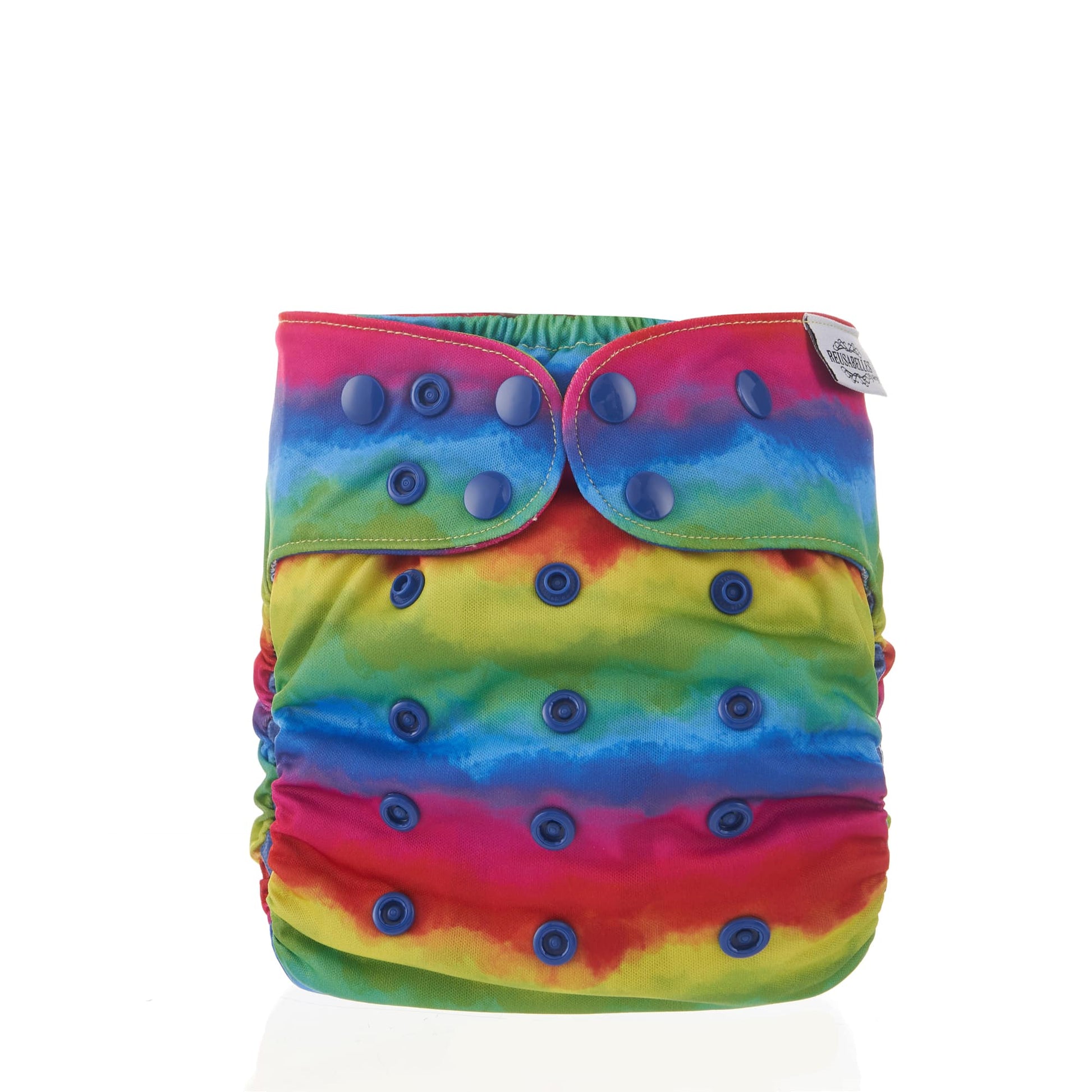 Reusable cloth nappy with a rainbow stripe pattern.